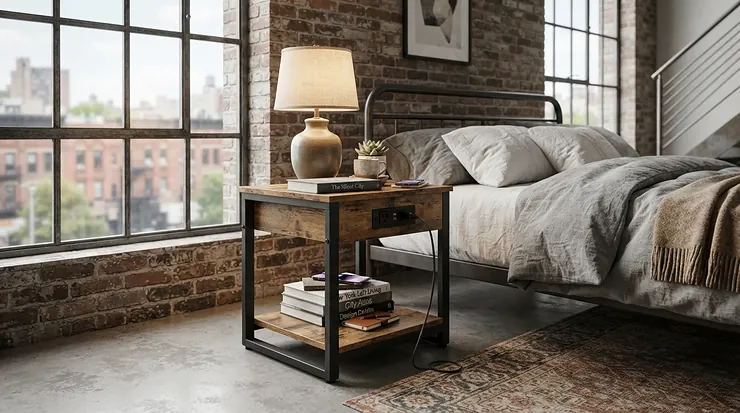 Industrial style metal and wood nightstand with charging station and USB ports in a loft apartment.