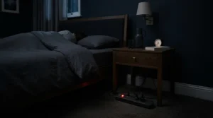 A nightstand with charging station and USB ports glowing softly in a dark bedroom at night.
