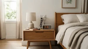 A stylish nightstand with charging station and USB ports featuring a reading lamp and alarm clock.