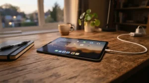 A tablet device connected to a nightstand with charging station and USB ports during evening hours.