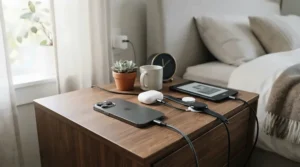 A modern tall nightstand for adjustable beds equipped with built-in USB charging ports and a smartphone.