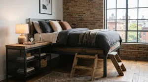 An industrial-style tall nightstand for adjustable beds with metal legs and a rustic wooden top.