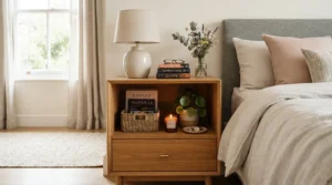 A tall nightstand for adjustable beds featuring an open lower shelf decorated with stacked books and a basket.
