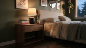 Close-up of a tall nightstand for adjustable beds holding a sleek reading lamp and a digital alarm clock.