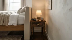 A compact tall nightstand for adjustable beds designed to fit tight spaces in a guest bedroom.