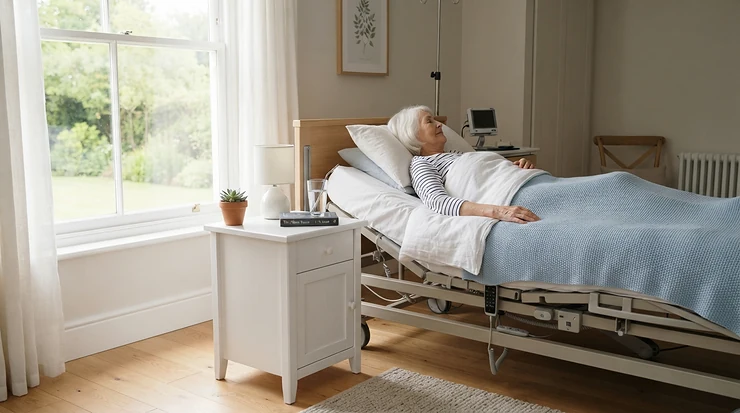 A clean white tall nightstand for adjustable beds complementing a plush elevated mattress setup.