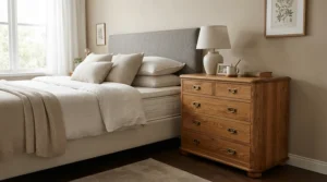 A wooden tall nightstand for adjustable beds featuring pull-out storage drawers in a contemporary apartment.
